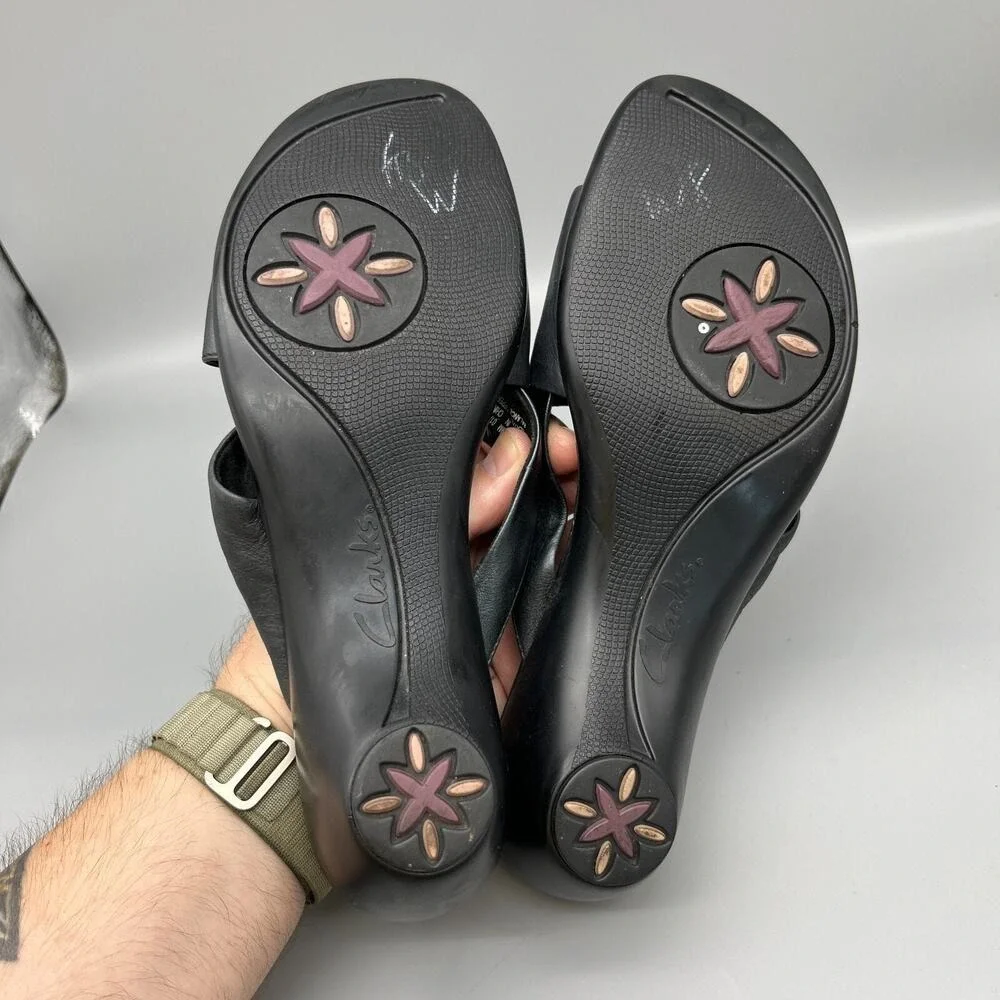 Clarks Leather Twist Knot Slide Wedge Sandals Black Comfort‎ Shoes 9M Womens